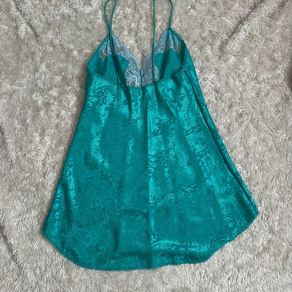 Vintage 90s Small Deena Blue Green Teal Satin Slip Dress floral lace trim - Picture 4 of 7